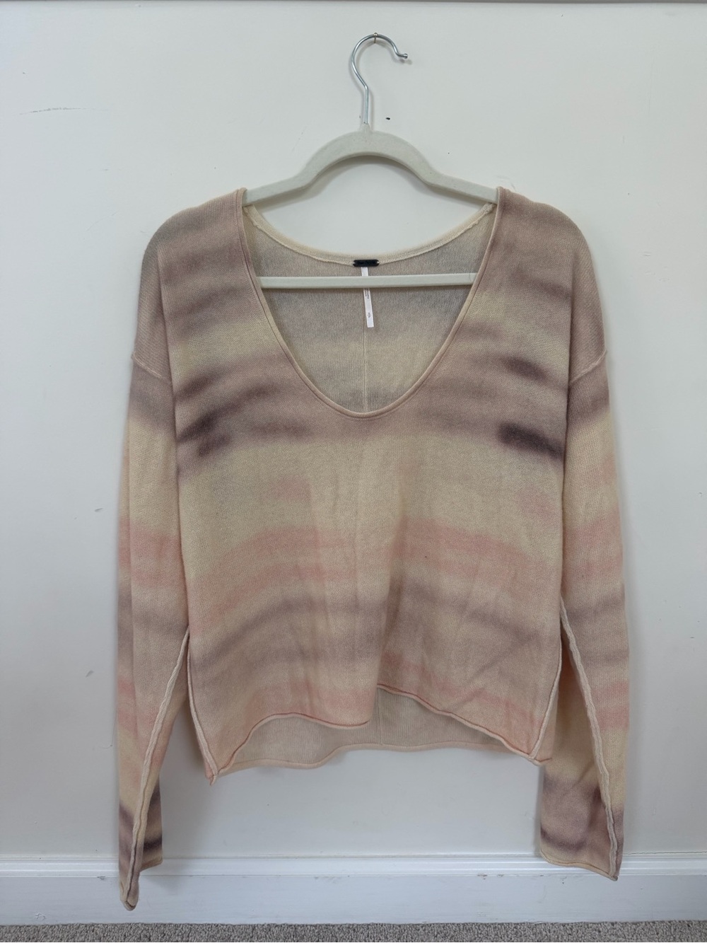 Free People Cashmere Soft Pastel Striped V-Neck Sweater - Pink, Cream & Taupe